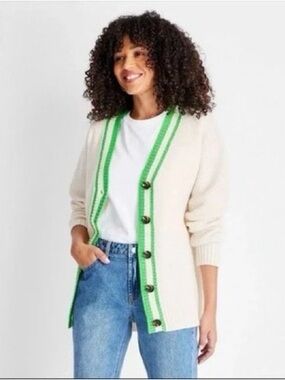 Women’s Varsity Cream Cardigan with Green Trim and Button Front